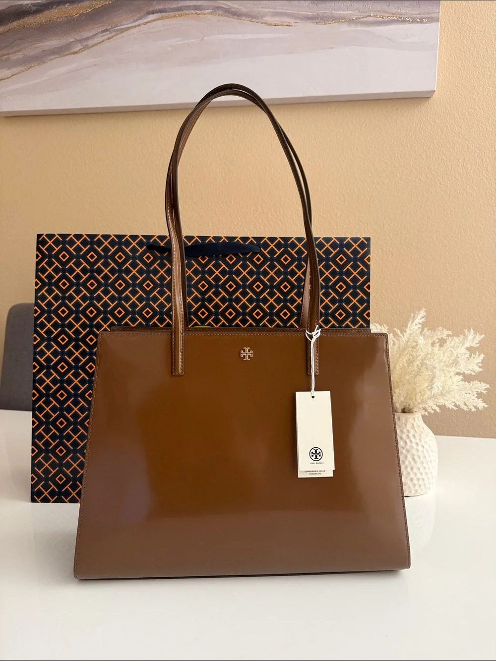 NWT , tory burch Emerson smooth work brown /tan tote bag rich walnut $550